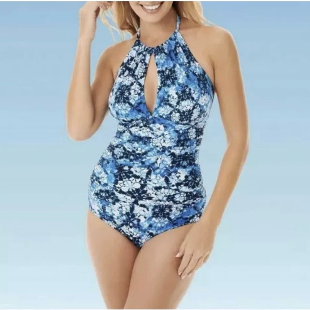 Dreamsuit Slimming High Neck Blue Floral Tie Dye One Piece Swimsuit- Size 12